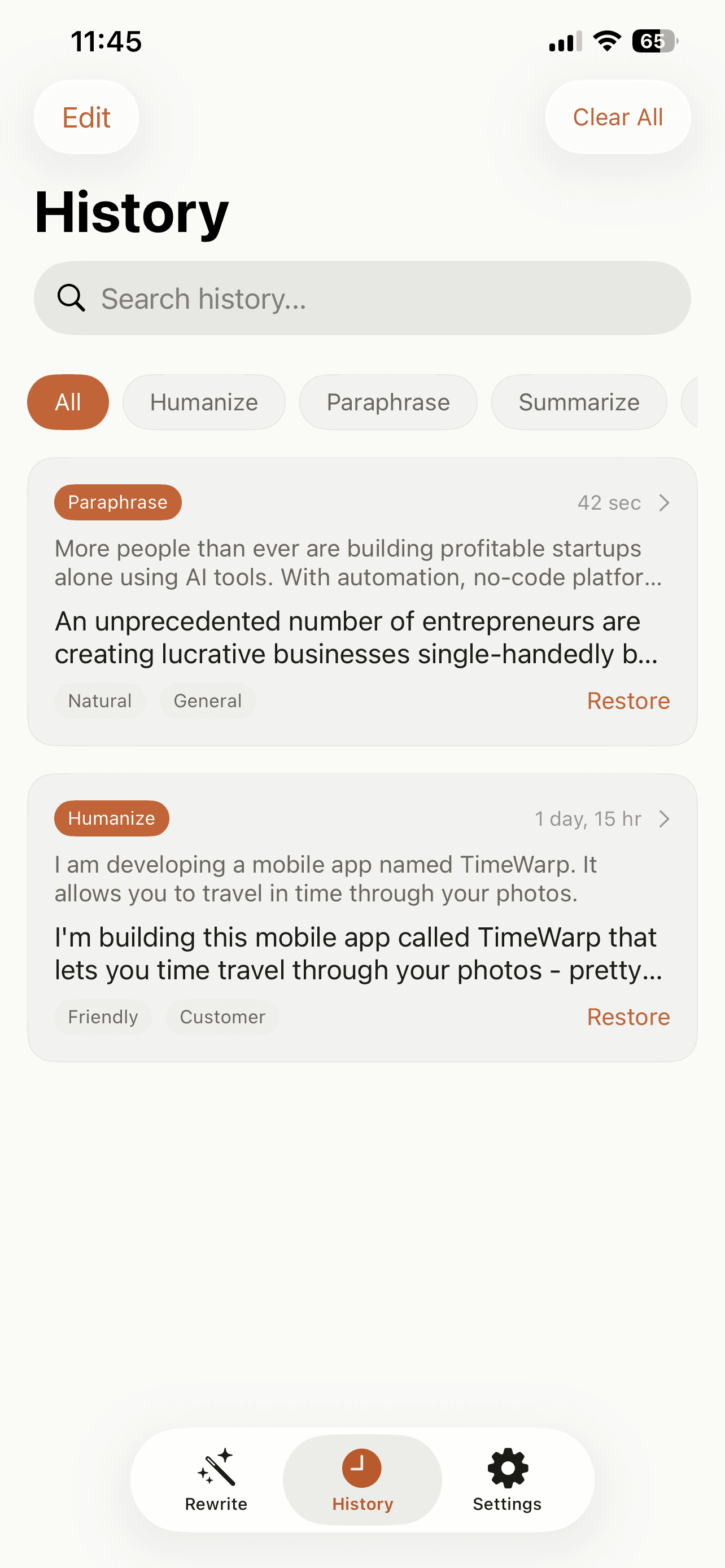 RewriteAI primary app screenshot