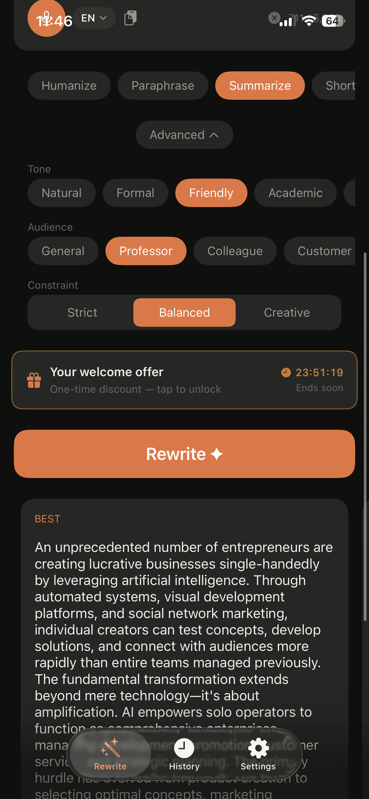 RewriteAI tertiary app screenshot